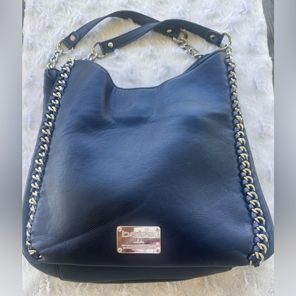 bebe Navy Blue Satchel with Silver Chain